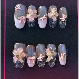 Handmade Pink Bow Ballerina Press on Nails kit with glue size Medium